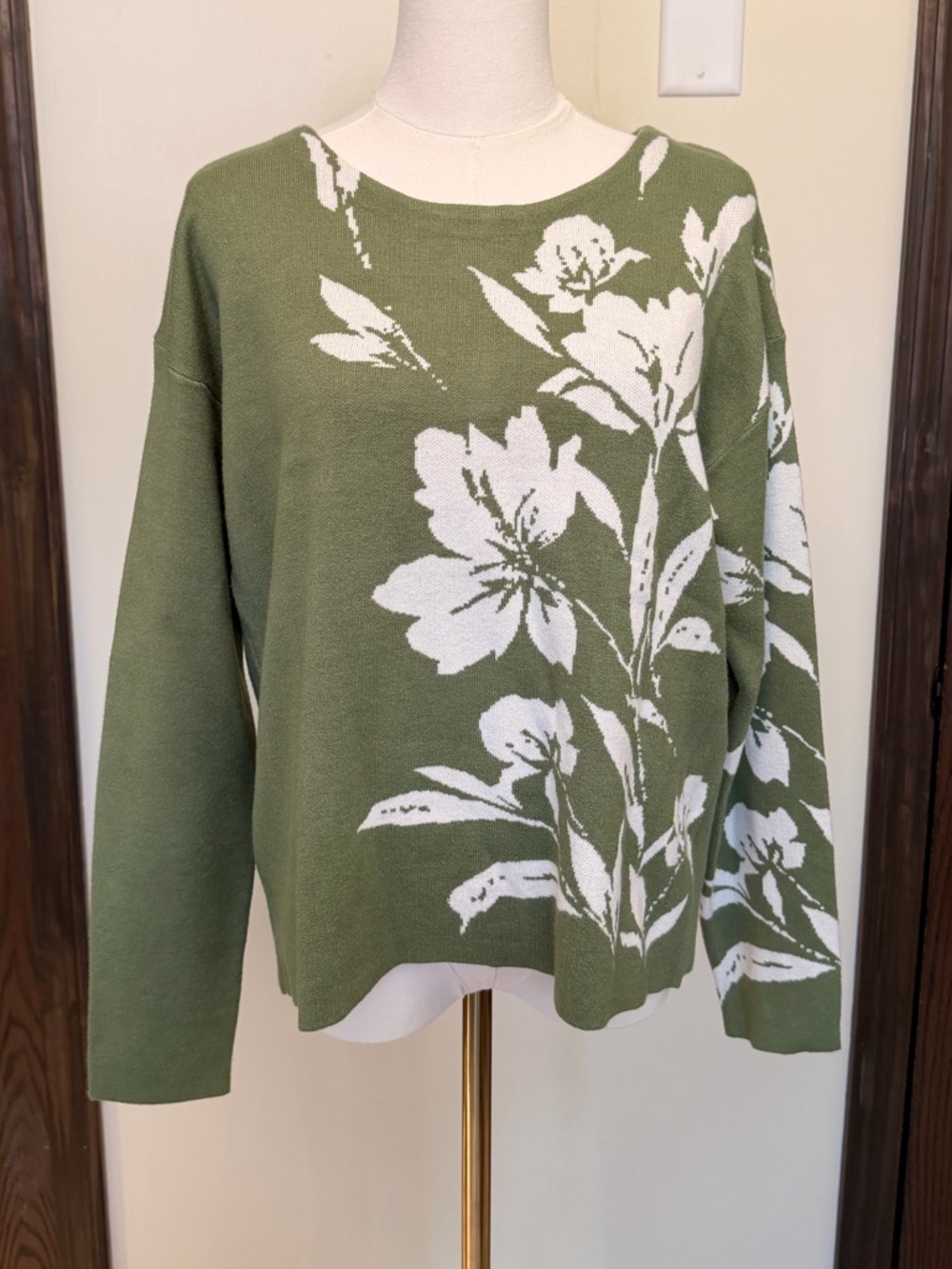 Joie Olive Green and White Floral Knit Sweater